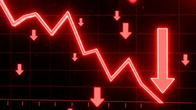Red Neon Line Graph with Falling Arrows Indicating Financial Market Crash and Economic Downturn.