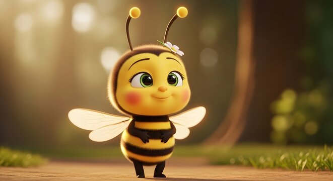 Smiling bee character with a flower in its hair. Nature and pollination concepts. Happy honeybee mascot standing in a sunny forest meadow