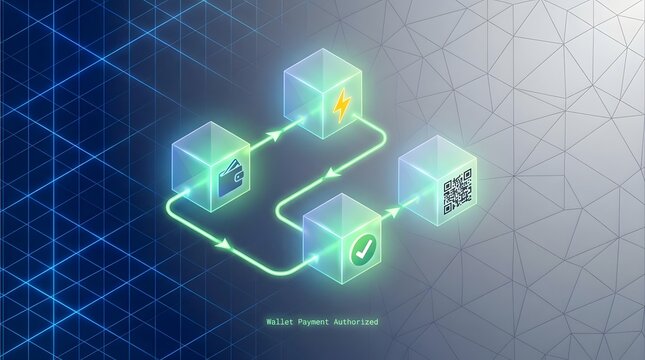 Digital wallet payment authorization with glowing cubes representing crypto currency and QR code for transaction.