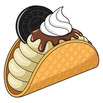 Cartoon taco with ice cream and chocolate sauce and Oreo cookie on white