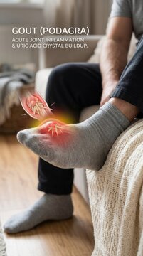 Inflamed joint disorder: acute podagra, uric accumulation, swollen extremity, sharp ache, crystal deposition, hallux pain, bodily discomfort, redness symptom.