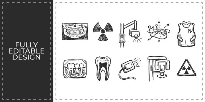 Hand drawn medical radiology icons featuring x-ray scanner dental teeth and hospital monitoring tools flat vector illustration icon bundle set high resolution