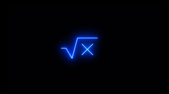 Neon glowing Square root icon video animation. Square root of x axis icon, square root symbol video animation, square root on video black background. Square root of x glyph icon video motion.