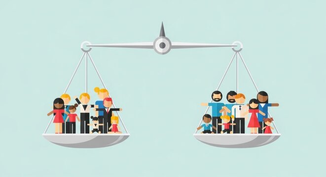 People balanced on scale representing equality and social justice concept