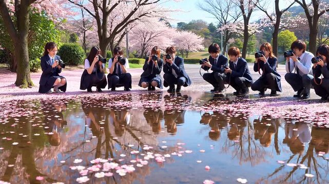 水辺で桜を背景に写真を撮る人々のグループ。自然界の雄大なスケールが強調されている。