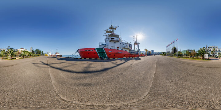 360 hdri seamless panorama on pedestrian path near skyscrapers in big city on the coast in the port in equirectangular spherical projection, ready AR VR virtual reality content