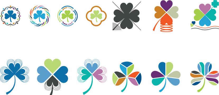 Colorful shamrock designs and clover leaf shapes for graphic design  variety of abstract four leaf clover illustrations
