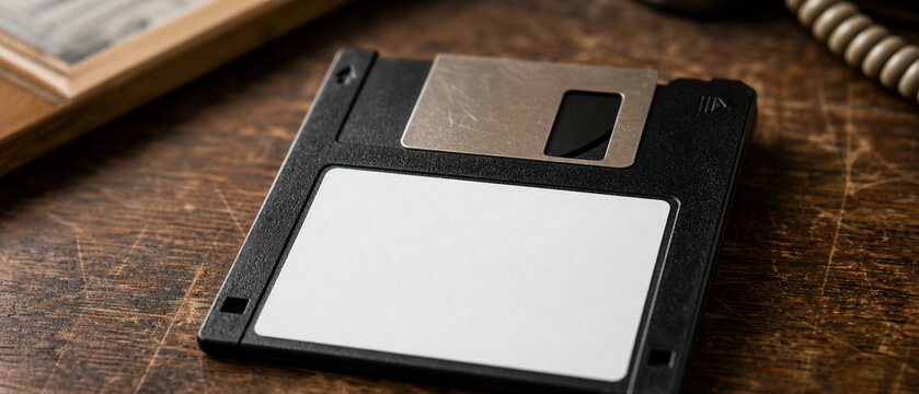 Nostalgic 90s data storage diskette mockup with empty white sticker space