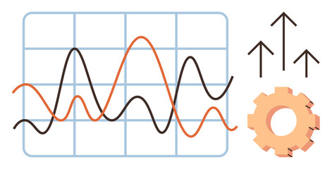Obraz premium Data analysis, business growth, performance tracking, optimization, strategy, progress monitoring. Line chart with fluctuating curves, upward arrows and gear. Data analysis and business growth
