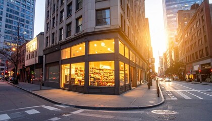 Obraz premium Corner grocery store at urban intersection with warm interior glow during winter evening