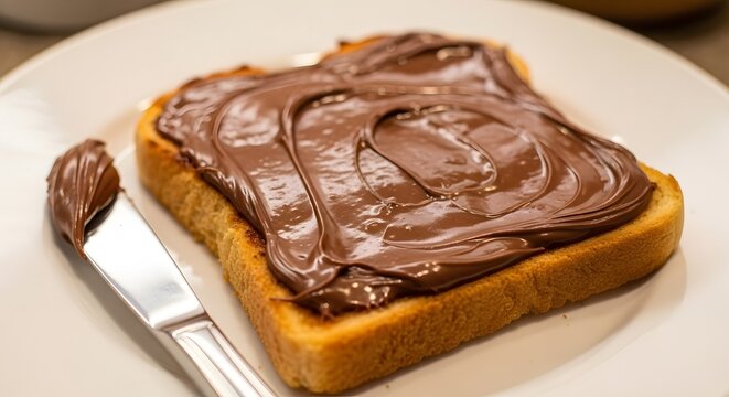 A slice of toasted bread with chocolate spread on a white plate with a knife