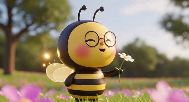 Cute bee character with glasses holding a daisy flower. Spring nature and gardening concept. Happy insect mascot standing in a sunny meadow with blooming pink flowers