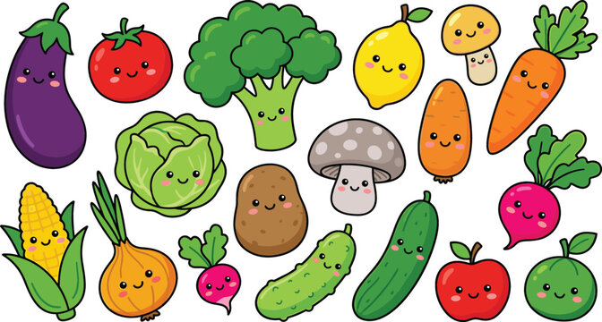 Cute kawaii vegetables and fruits vector collection featuring smiling cartoon broccoli tomato carrot potato corn apple and lemon for healthy food kids design