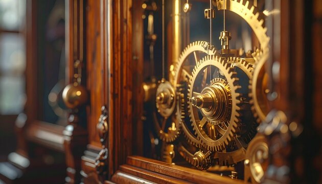 Antique longcase grandfather clock mechanical escapement gears close-up in heritage wooden cabinet