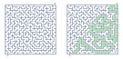 Obraz premium Maze puzzle with solution path traced in green on white background 