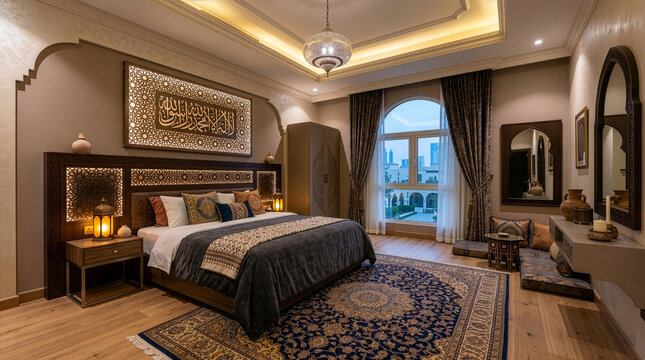 Interior de dormitorio de lujo de estilo &aacute;rabe con decoraci&oacute;n ornamentada y cama grande.