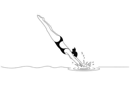 Modern one line drawing of female swimmer diving with water splash continuous line single art black and white swimming pool design element graphic design hand drawn illustration