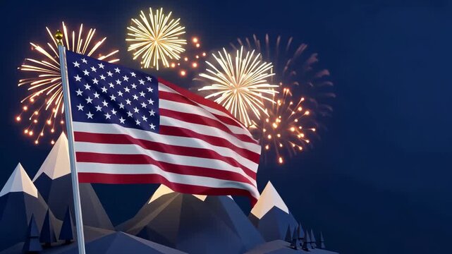 Low poly American flag over geometric mountains with fireworks, USA celebration, American flag background