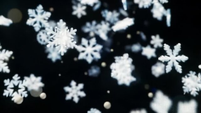 Mesmerizing, tranquil video of ethereal white-blue snowflakes with intricate crystalline patterns gently descending against an inky black bokeh background with infinite depth. Concept of winter magic