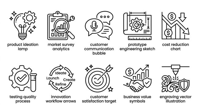 Collection of Business and Technology Icons with Labels.