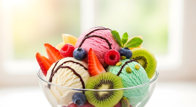 A colorful dessert bowl with scoops of ice cream and fresh fruit