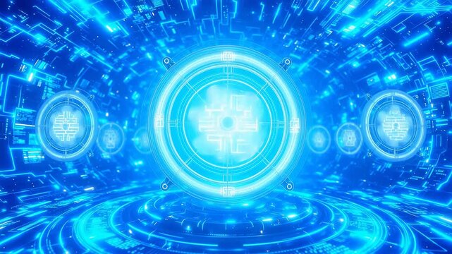 概念芸術とダイナミックなエネルギーを象徴する光るシンボルを備えた未来的なデジタルインターフェース
