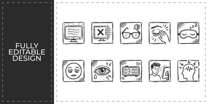 Hand drawn technology computer glitch and digital error icons with screen and bug symbols flat vector illustration icon bundle set high resolution