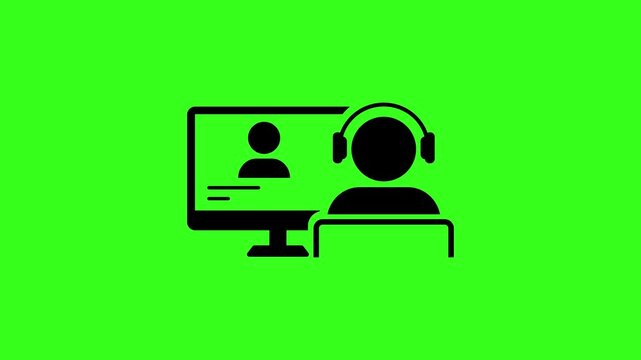 Animated online learning icon with student wearing headphones on a green screen background