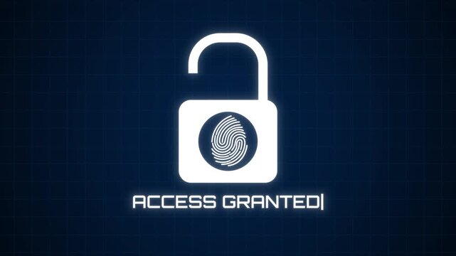 Animated unlocked padlock icon with fingerprint symbol and access granted text for security user interface alerts
