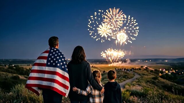 Family watching distant fireworks with woven American flag, USA celebration, American flag background
