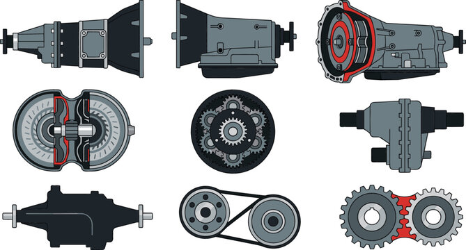 Collection of industrial gearbox and transmission vector illustrations featuring mechanical gears, automotive drivetrain parts and engineering machinery components