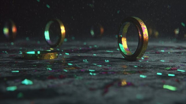Metallic circular objects resting on a textured dark surface illuminated by neon light reflections