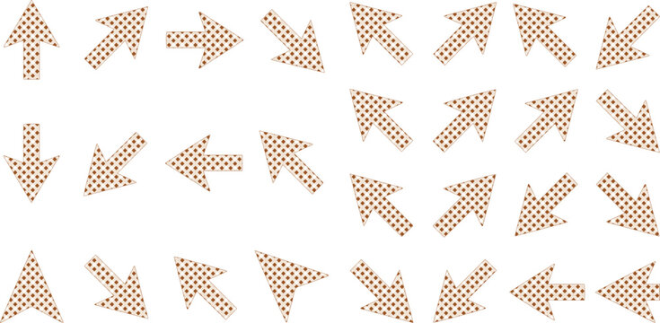 Textured brown arrow vector set, directional pointers with a subtle woven pattern, navigation symbols for UI/UX design, web elements, and infographic layouts isolated on White Background