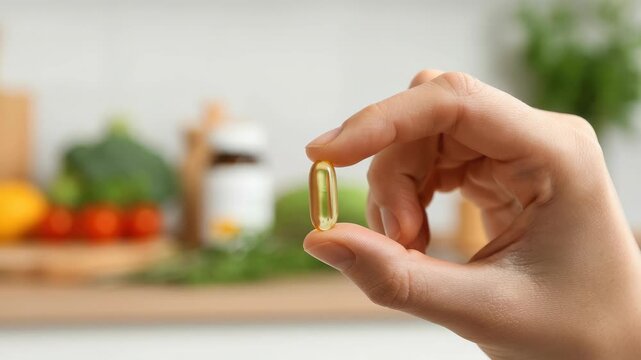 Close-up of hand holding vitamin capsule, with vegetables in background