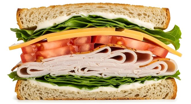 A delicious sandwich with turkey, cheese, lettuce, and tomato on bread isolated on white background