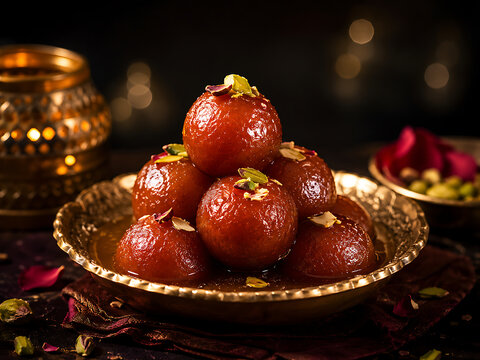 Gulab jamun dessert with syrup shine, luxury dessert advertisement, dark elegant background