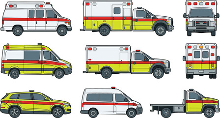 Collection of emergency ambulance vehicle vector illustrations featuring rescue vans, medical transport trucks and healthcare response service designs © Jahangir