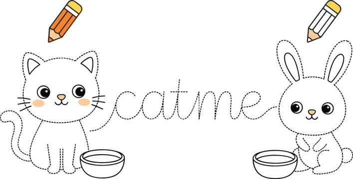 Educational handwriting practice tracing worksheet vector vector featuring cute cartoon cat and bunny with dashed lines for preschool kids fine motor skills practice