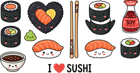 Cute kawaii sushi characters vector set with smiling cartoon maki rolls nigiri salmon chopsticks soy sauce and wasabi elements for commercial design © MdGohurul