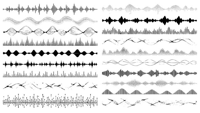 Set of Black Audio Waveforms and Sound Frequency Visualizations on White Background