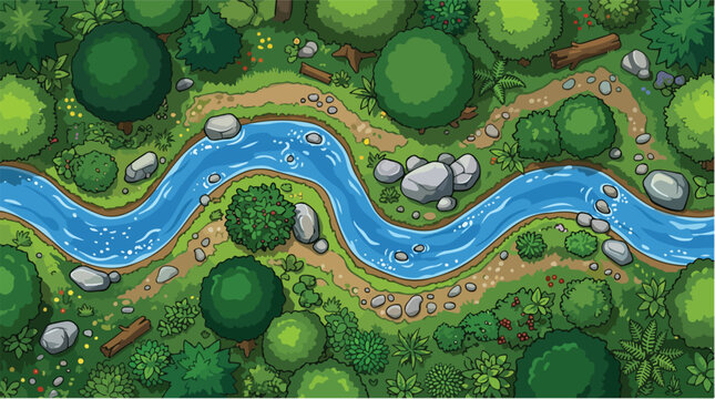 Top view forest river landscape vector, cartoon game map with winding stream and green trees, aerial woodland nature background for gaming