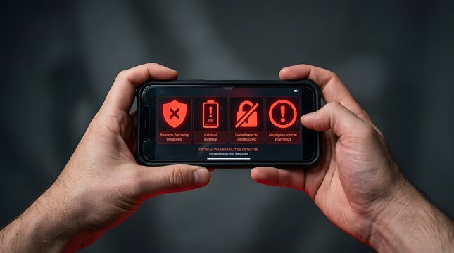 Person holding smartphone displaying critical vulnerabilities detected with multiple warnings.