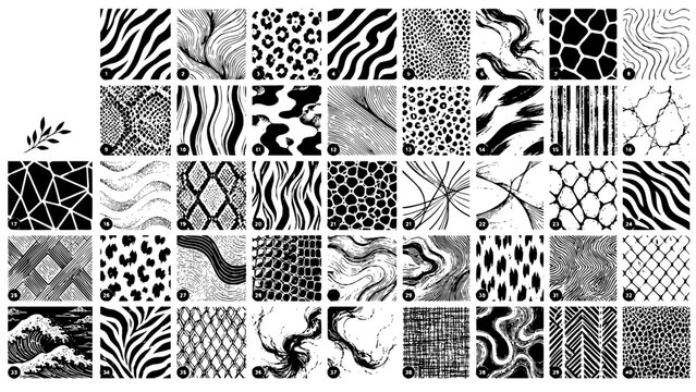 Black and White Vector Pattern Set with Animal Prints and Organic Textures