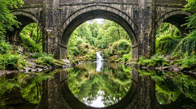 Bajo los arcos de piedra de un puente antiguo, reflejos en el agua tranquila con vegetaci&oacute;n verde y un peque&ntilde;o salto de agua al fondo.