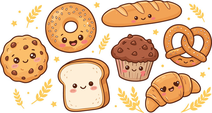 Cute kawaii bakery products vector set featuring smiling cartoon bread loaf toast croissant bagel cookie muffin pretzel and wheat elements for pastry shop design