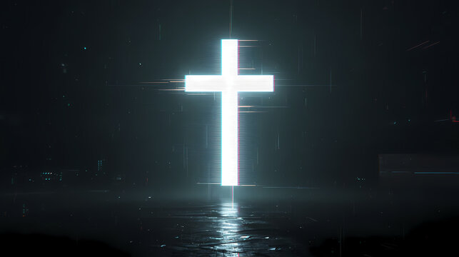 A glowing white Christian cross with a digital glitch and scanline effect, emitting a bright light that reflects on a dark, wet surface below in a futuristic, sci-fi cyberpunk setting.