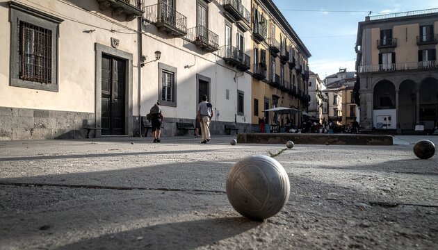 Elderly men playing bocce ball in sunlit cobblestone street with historic buildings