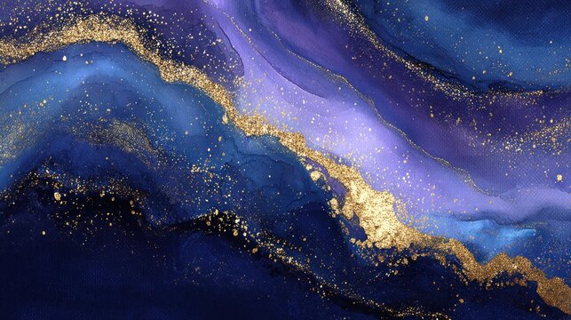 Abstract fluid background features rich indigo and violet waves accented with shimmering golden accents.