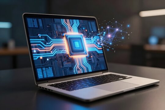Laptop displays a circuit board with a microchip and data streams during a tech event