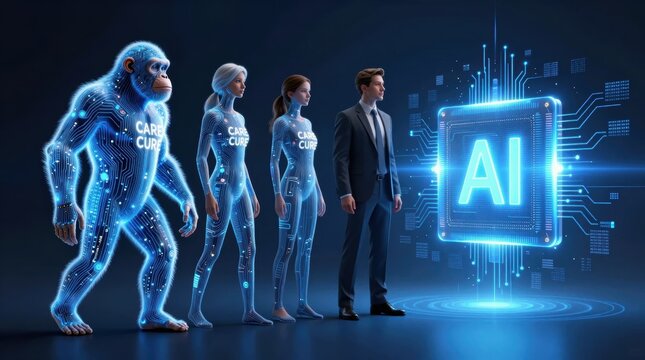 Evolution of human-like forms in technology shows advancement from animal to artificial intelligence
